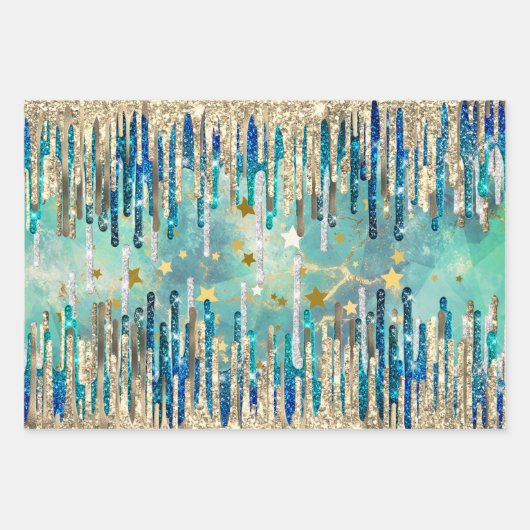 Blau, Türkis und Gold Geschenkpapier Set (Vorderseite 2)