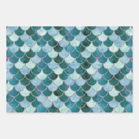 Blau, Türkis und Silver Mermaid Scales Geschenkpapier Set (Vorderseite)
