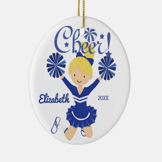 Blau-u. Weiß-Beifall-blonde Cheerleader-Verzierung Keramikornament (Rechts)