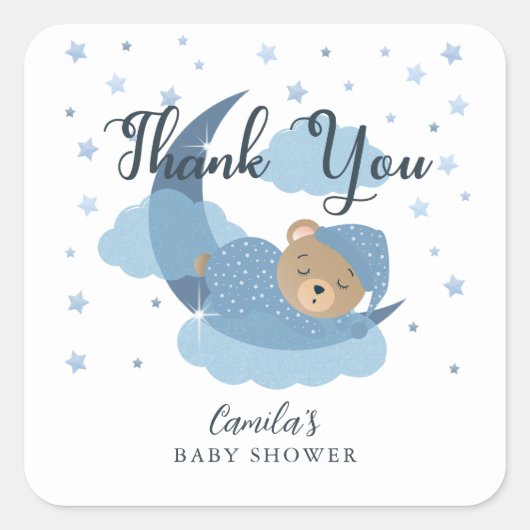 Blau über dem Mond Schlafbär Danke Quadratischer Aufkleber (Vorderseite)
