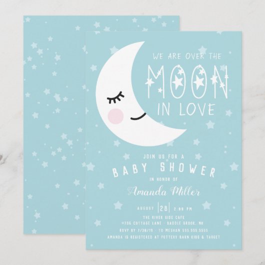 Blau über der Moon Boy Baby Dusche Einladung (Vorne/Hinten)