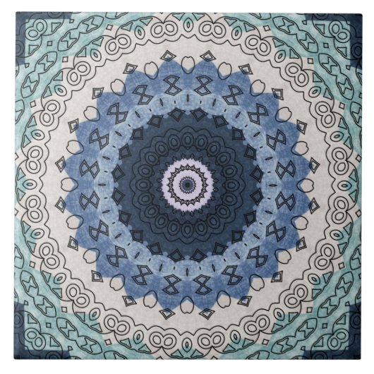 Blau und Aquamarin Mandala mit geometrischer Symme Fliese (Vorderseite)