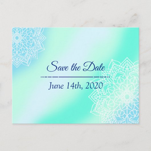 Blau und Aquamarin Mandala Wedding Save the Date Postkarte (Vorderseite)