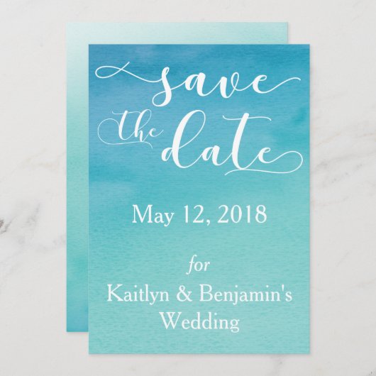 Blau und Aquamarin Ombre Wasserfarbe Save the Date (Vorne/Hinten)