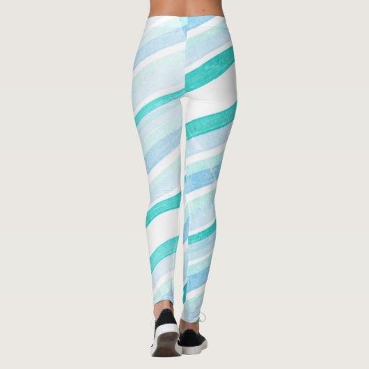 Blau und Aquamarin Streifen Abstrakt Leggings (Rückseite)