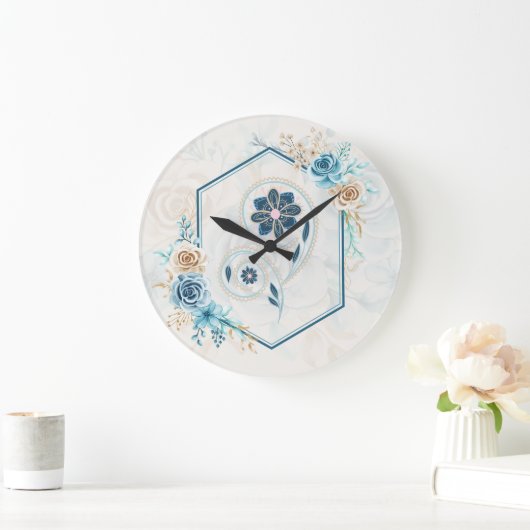Blau und Aquamarine Blumengrafik, "Leben beleben" Große Wanduhr (Zuhause)
