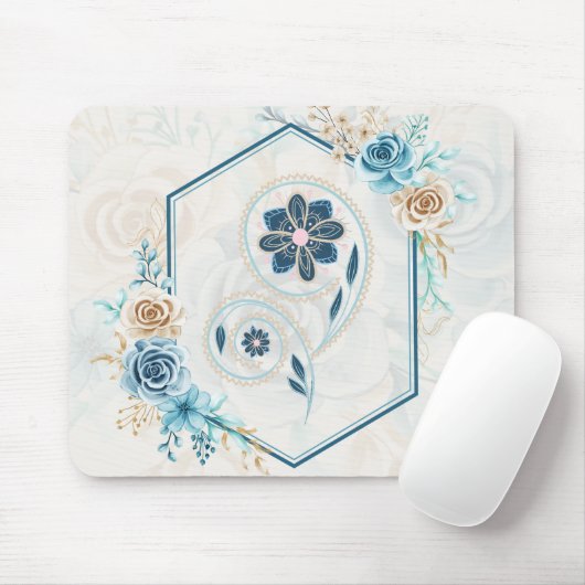 Blau und Aquamarine Blumengrafik, "Leben beleben" Mousepad (Mit Mouse)