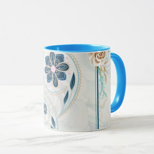 Blau und Aquamarine Blumengrafik, "Leben beleben" Tasse (VorderseiteRechts)