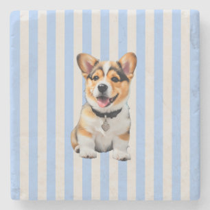 Blau und beige gestreifte fröhliche Corgi-Hunde-Li Steinuntersetzer