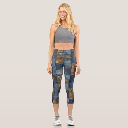 Blau und braun - Denim-Patchwork - Benutzerdefinie Capri Leggings (Vorderseite)