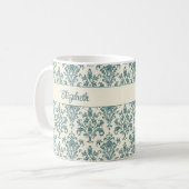 Blau und Creme Vintag Damask Individuelle Name Kaffeetasse (Vorderseite Links)