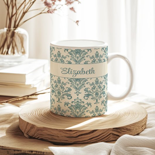 Blau und Creme Vintag Damask Individuelle Name Kaffeetasse