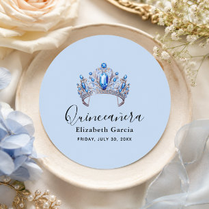 Blau- und Elfenbein-Blumen-Quinceañera Runder Aufkleber