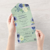 Blau- und Elfenbeinfarben-Rose auf Schlachtgrün mi All In One Einladung (Abreißen)