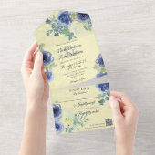 Blau- und Elfenbeinfarben-Rose mit QR-Code All In One Einladung (Abreißen)