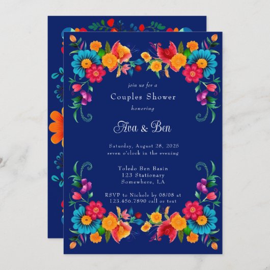 Blau und farbenfroh mexikanische Fiesta Paare Dusc Einladung (Vorne/Hinten)