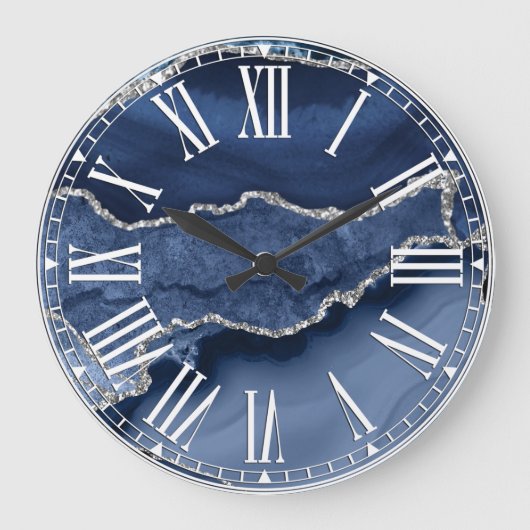 Blau und Faux Silber Glitter Marmor Achat Große Wanduhr (Vorderseite)