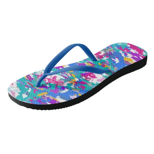 Blau und Fuchsia Abstrakt Badesandalen (Schrägansicht)