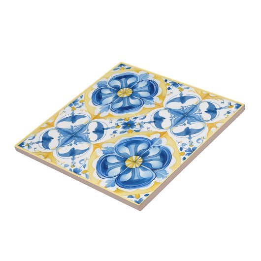 💛💙 Blau und Gelb, Aquarellblüten Azulejos Fliese (Seite)