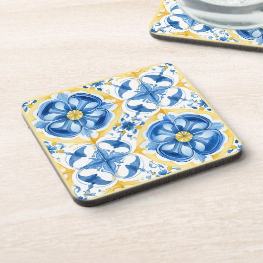 💛💙 Blau und Gelb, Aquarellblüten Azulejos Getränkeuntersetzer (Linke Seite)