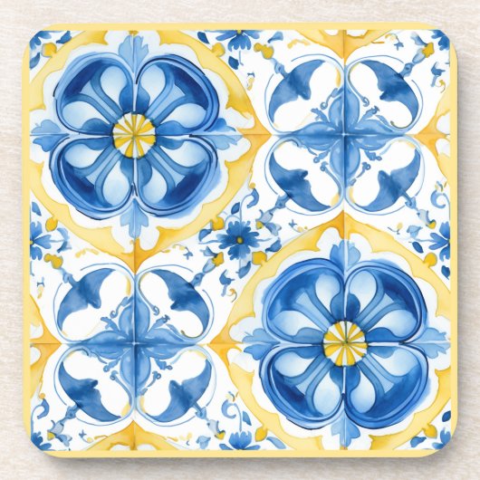 💛💙 Blau und Gelb, Aquarellblüten Azulejos Getränkeuntersetzer (Vorderseite)