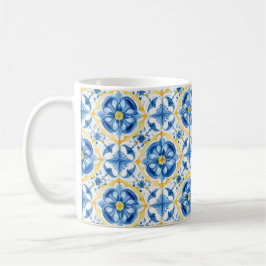 💛💙 Blau und Gelb, Aquarellblüten Azulejos Kaffeetasse
