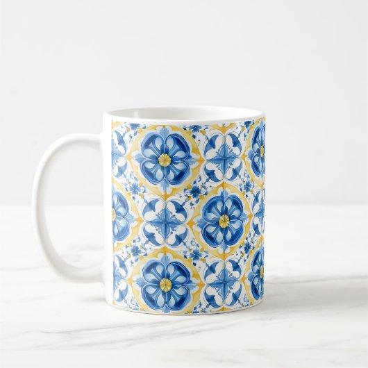 💛💙 Blau und Gelb, Aquarellblüten Azulejos Kaffeetasse (Links)