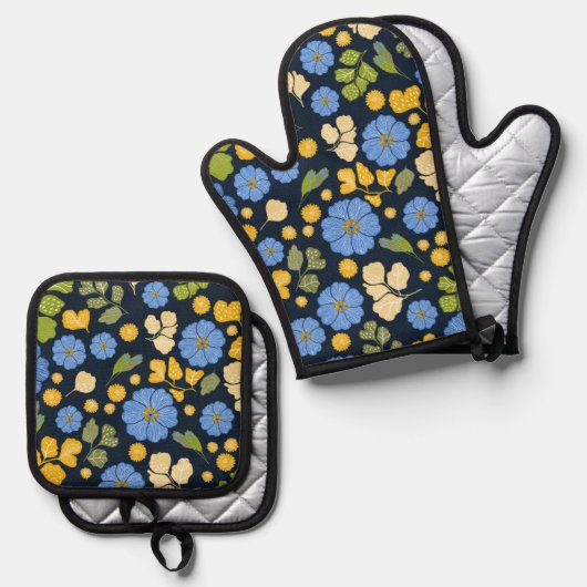 Blau und Gelb BlütenhandGezeichnet Ofenhandschuh & Topflappen-Set (Vorderseite/Rückseite)