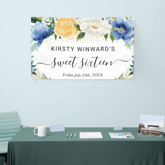 Blau-und Gelb-Boho Blume Sweet 16 Willkommen Banner (Messeveranstaltung)