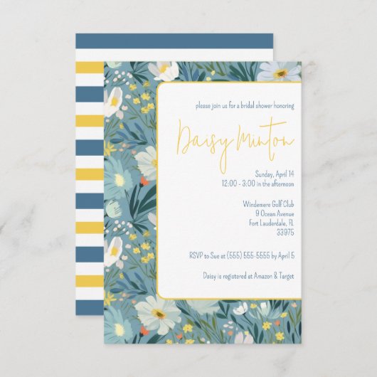 Blau und Gelb Daisy, Frühlingsfloral Brautparty Einladung (Vorne/Hinten)