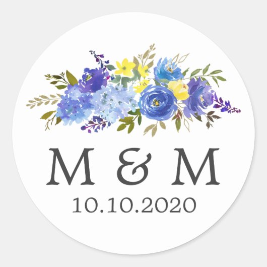 Blau und Gelb | Floral Wedding Classic Monogram Runder Aufkleber (Vorderseite)