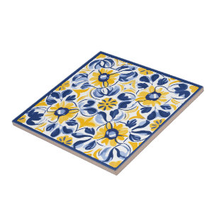 💛, blau und gelb, florale Azulejos Fliese