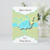 Blau und Gelb Kariert mit Baby Elephant Einladung (Stehend Vorderseite)