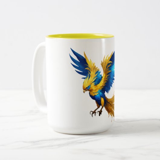 Blau und Gelb Pheonix Zweifarbige Tasse (Vorderseite Links)