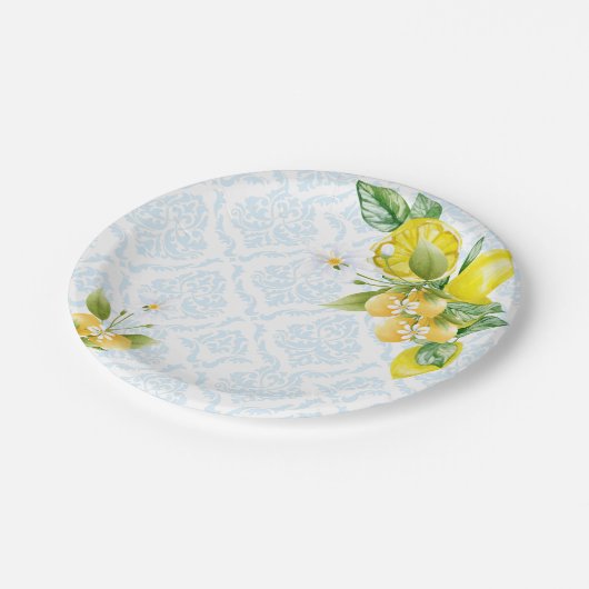 Blau und Gelb Sie fand ihren Hauptauftritt Willkom Pappteller (Schrägansicht)