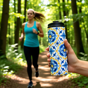 💛💙 Blau und Gelb, Wasserfarbe Floral Azulejos Thermosbecher