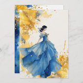 Blau und Gelb Wasserfarbe Quinceanera laden ein Einladung (Vorne/Hinten)