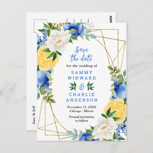 Blau- und Gelbblumen heiraten das Datum Postkarte (Vorne/Hinten)