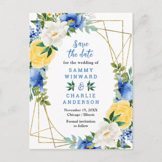 Blau- und Gelbblumen heiraten das Datum Postkarte (Vorderseite)