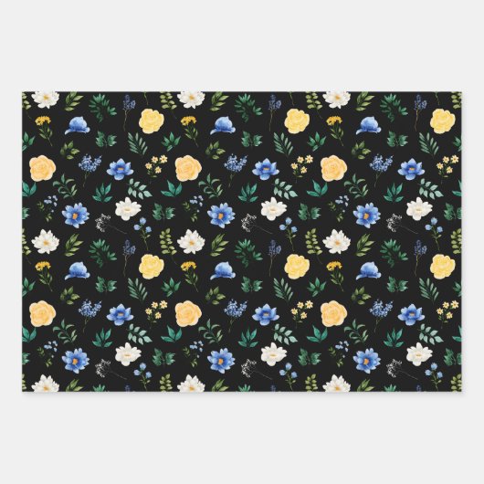 Blau- und Gelbblumen mit Blattmuster Geschenkpapier Set (Vorderseite 3)