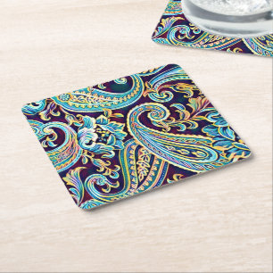 Blau und Gelber Traum Vintage Paisley Rechteckiger Pappuntersetzer