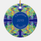 Blau- und Gelbkreuz-Design - Anpassbarer Text Keramik Ornament (Hinten)