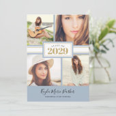 Blau und Gold | 4 Foto Abschluss Einladung (Stehend Vorderseite)