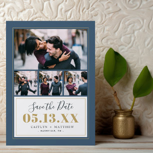Blau und Gold 4 Foto Save the Date Magnetkarte