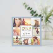 Blau und Gold | 8 Foto Square Graduation Party Ankündigung (Stehend Vorderseite)