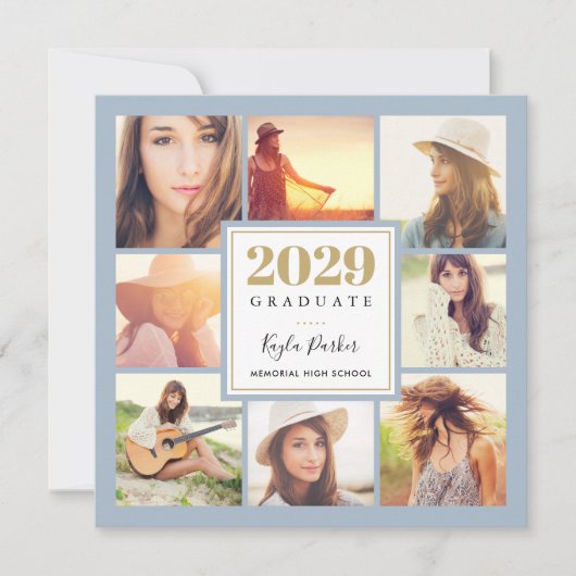 Blau und Gold | 8 Foto Square Graduation Party Ankündigung (Vorderseite)
