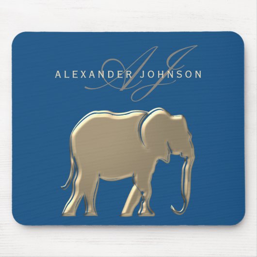 Blau und Gold Elefant Monogramm Mousepad (Vorne)