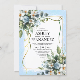 Blau und Gold Elegant Floral Rustikale Aquarellmal Einladung