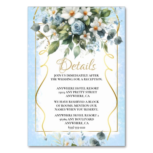 Blau und Gold Elegante Blumen Rustikale Details Tischnummer (Vorderseite)