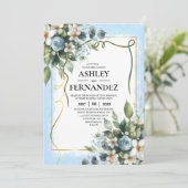 Blau und Gold Elegante Blumen Rustikale Wasserfarb Einladung (Stehend Vorderseite)